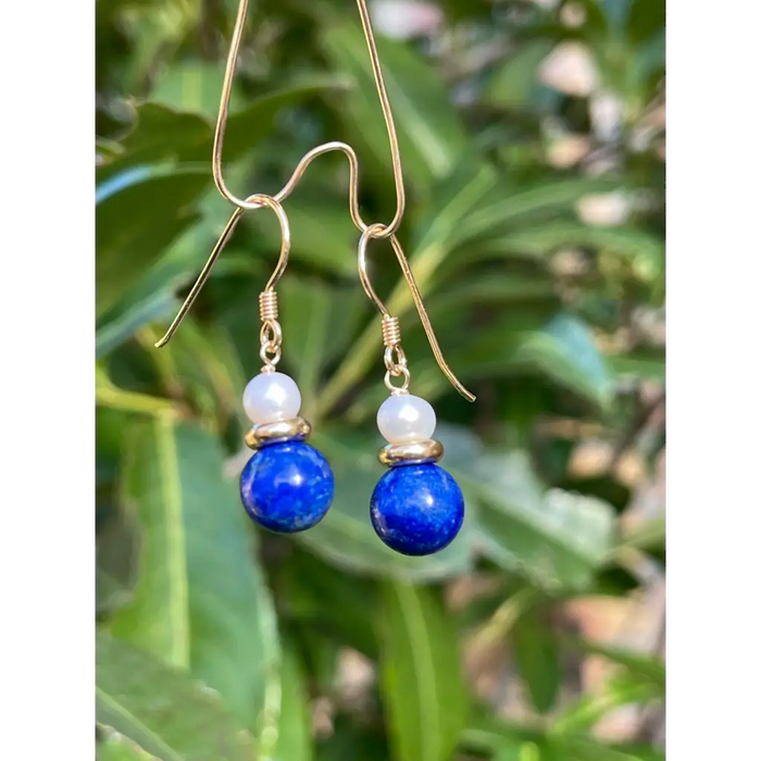 Lapis lazuli and pearl drop earrings cute gemstone earrings
