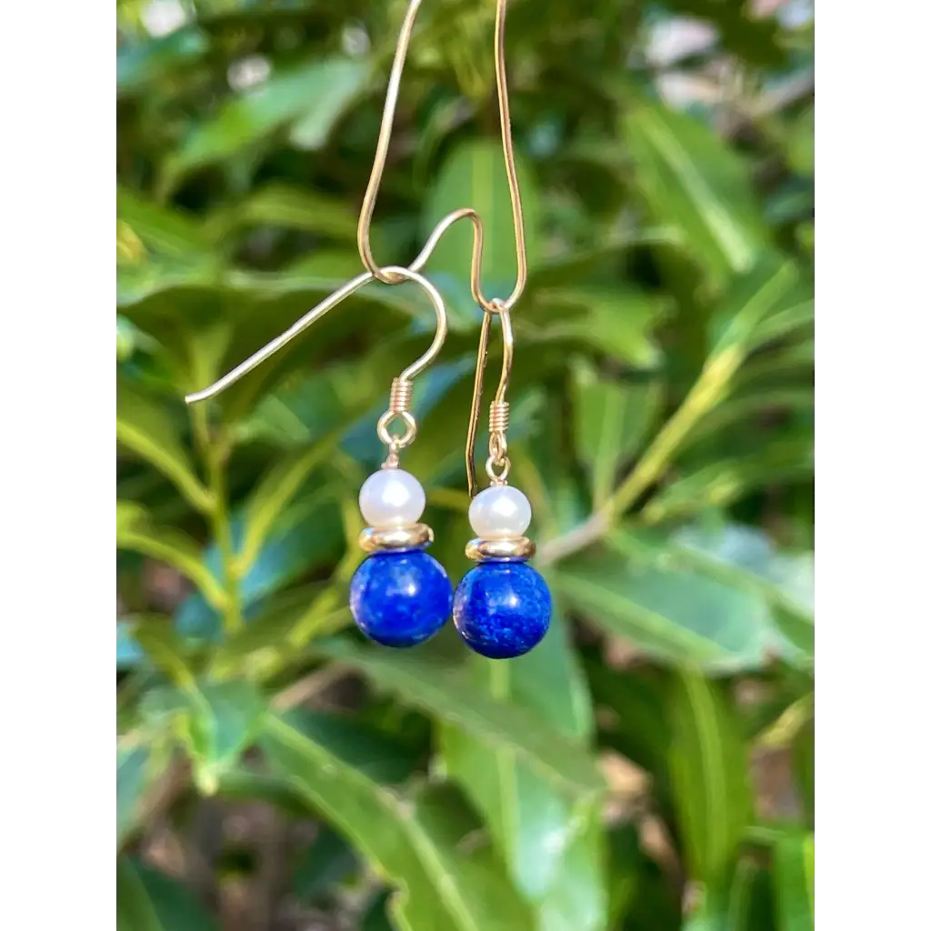 Lapis lazuli and pearl drop earrings cute gemstone earrings