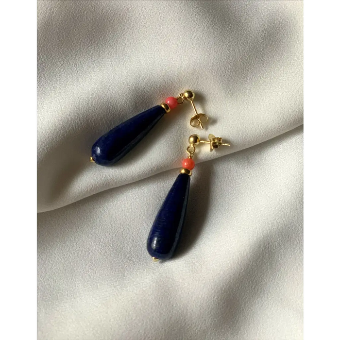 Lapis lazuli pink coral and gold filled silver drop earrings