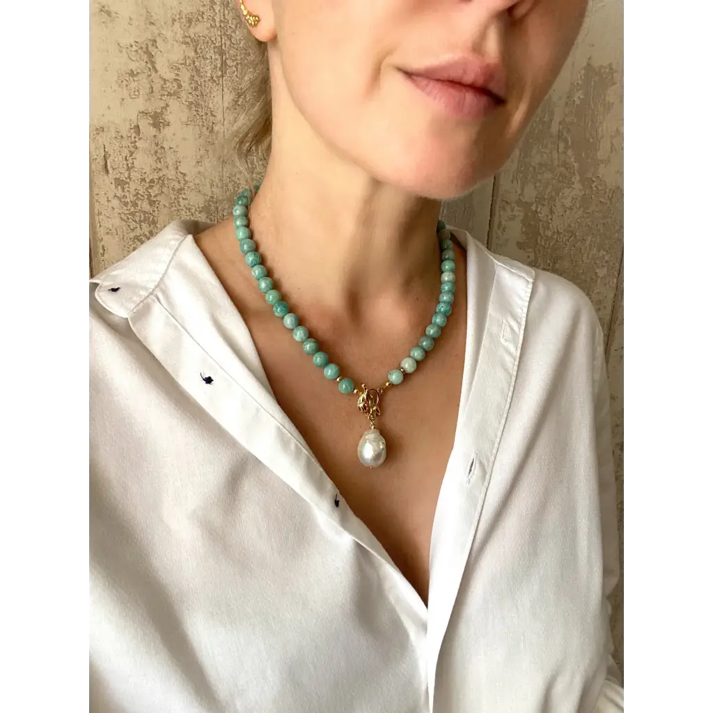 Large Amazonite beads and white baroque pearl necklace