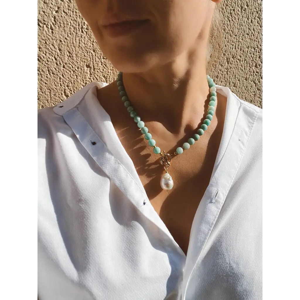 Large Amazonite beads and white baroque pearl necklace