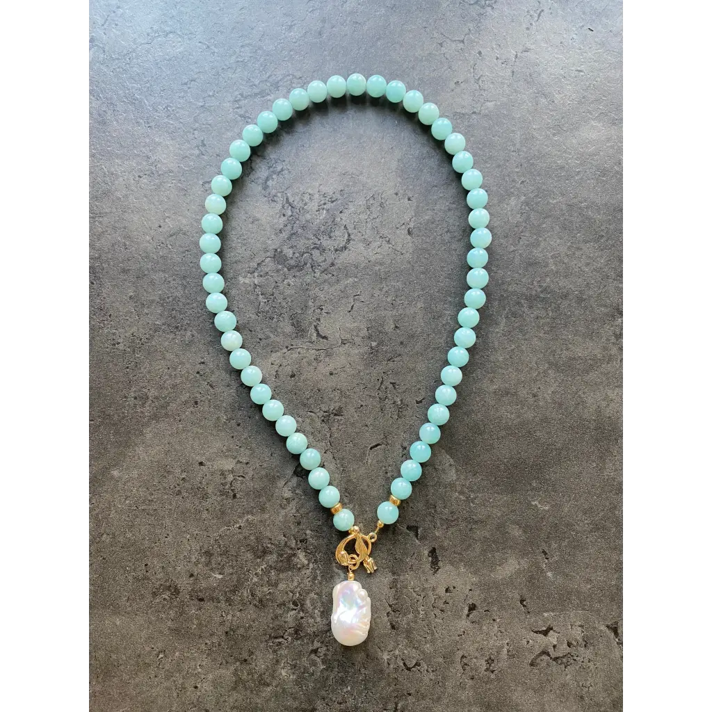 Large Amazonite beads and white baroque pearl necklace