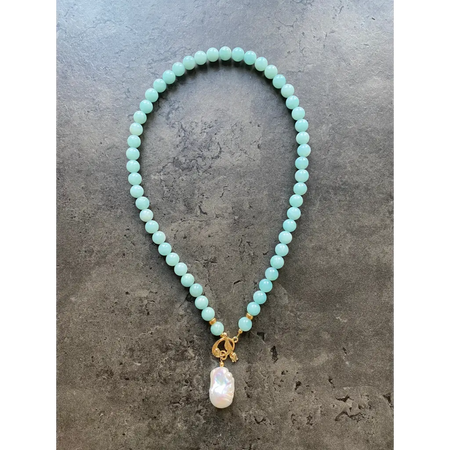 Large Amazonite beads and white baroque pearl necklace