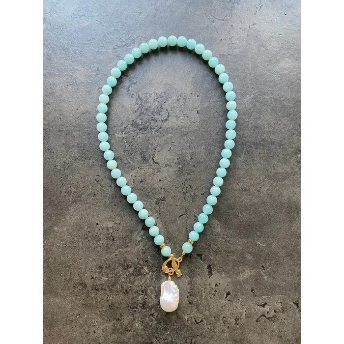 Large Amazonite beads and white baroque pearl necklace