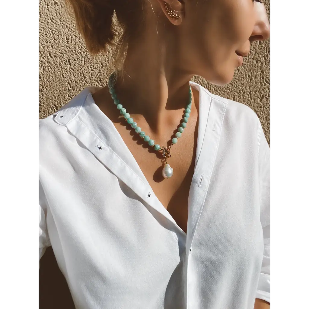 Large Amazonite beads and white baroque pearl necklace