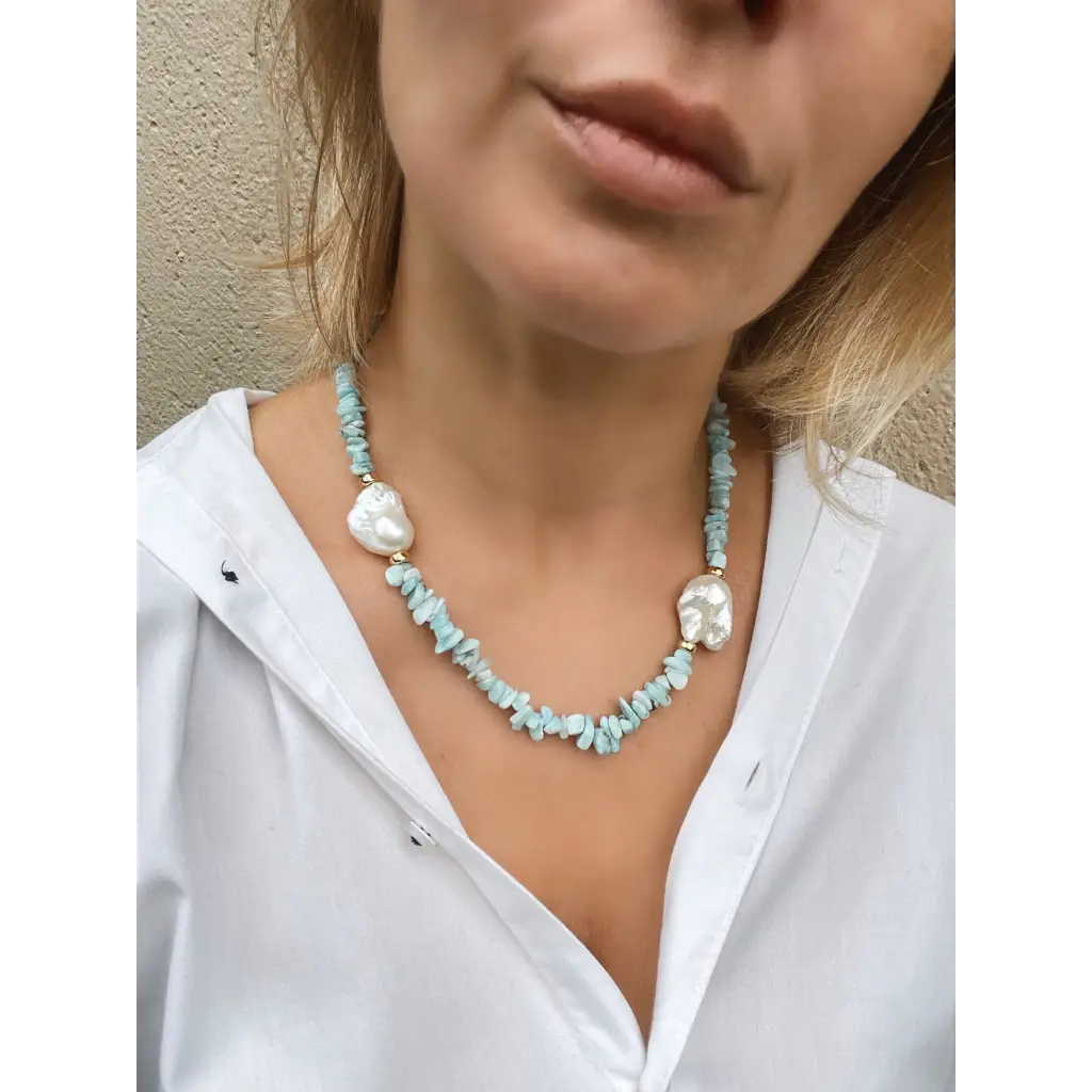 Larimar and baroque pearls necklace