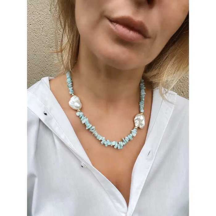 Larimar and baroque pearls necklace