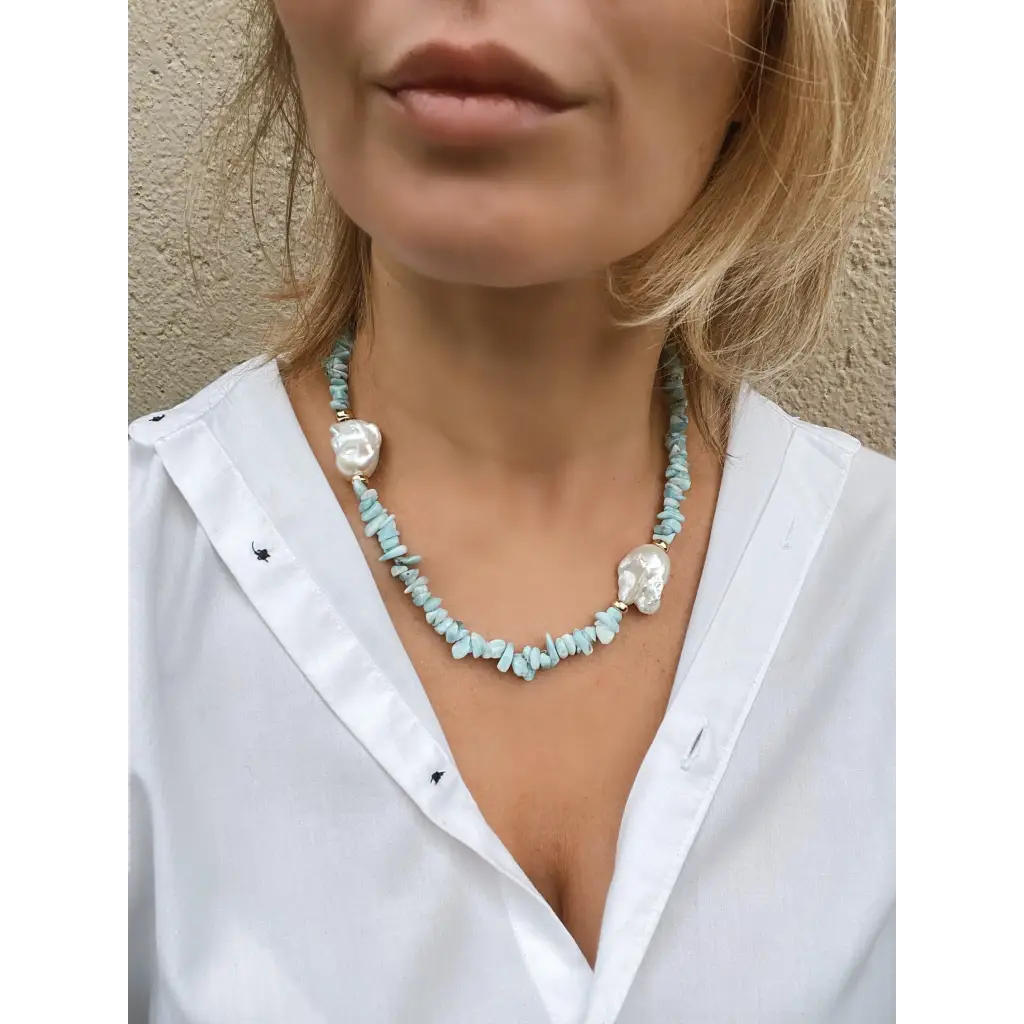 Larimar and baroque pearls necklace