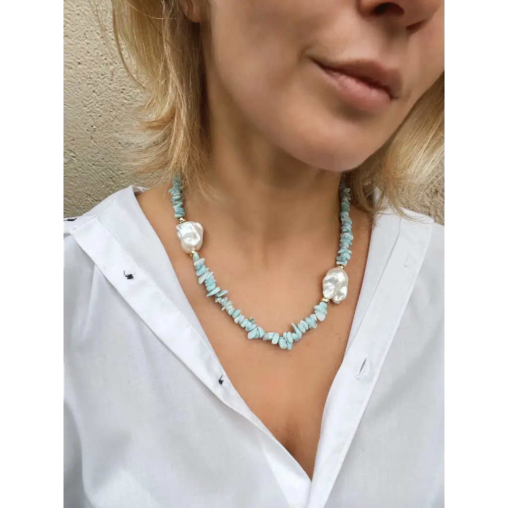 Larimar and baroque pearls necklace