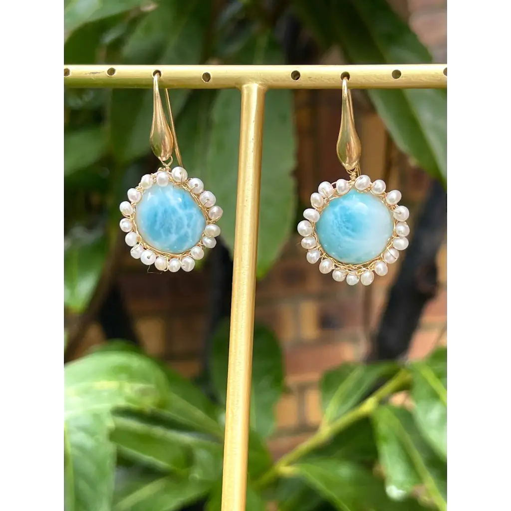Larimar dangle earrings wire crochet gold filled earrings