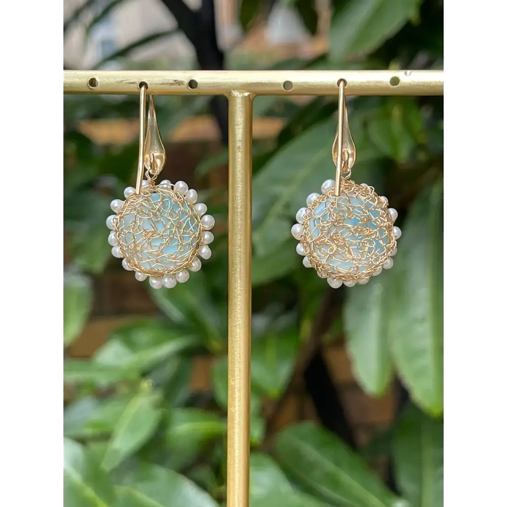 Larimar dangle earrings wire crochet gold filled earrings