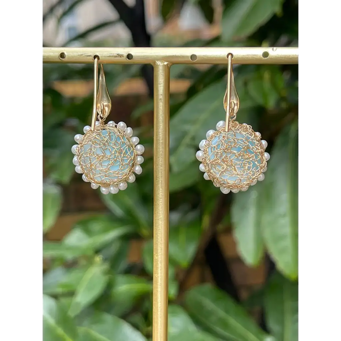 Larimar dangle earrings wire crochet gold filled earrings
