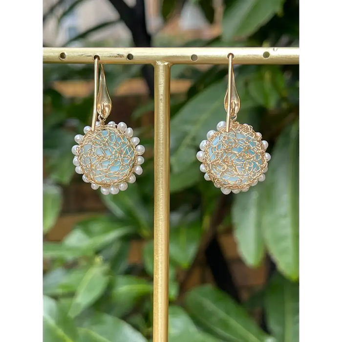 Larimar dangle earrings wire crochet gold filled earrings larimar an