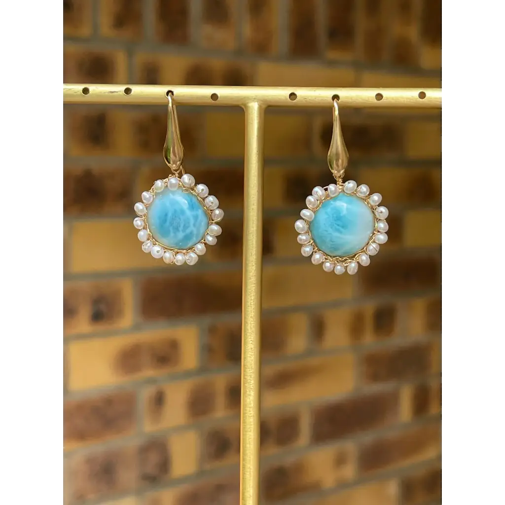 Larimar dangle earrings wire crochet gold filled earrings