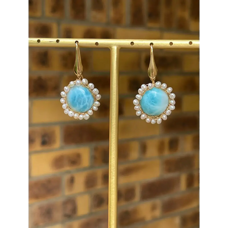 Larimar dangle earrings wire crochet gold filled earrings