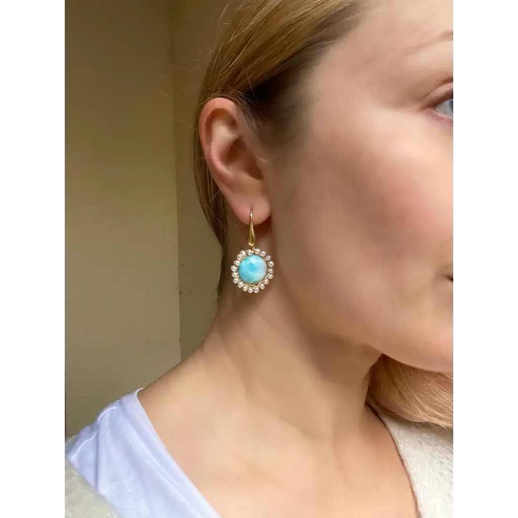Larimar dangle earrings wire crochet gold filled earrings