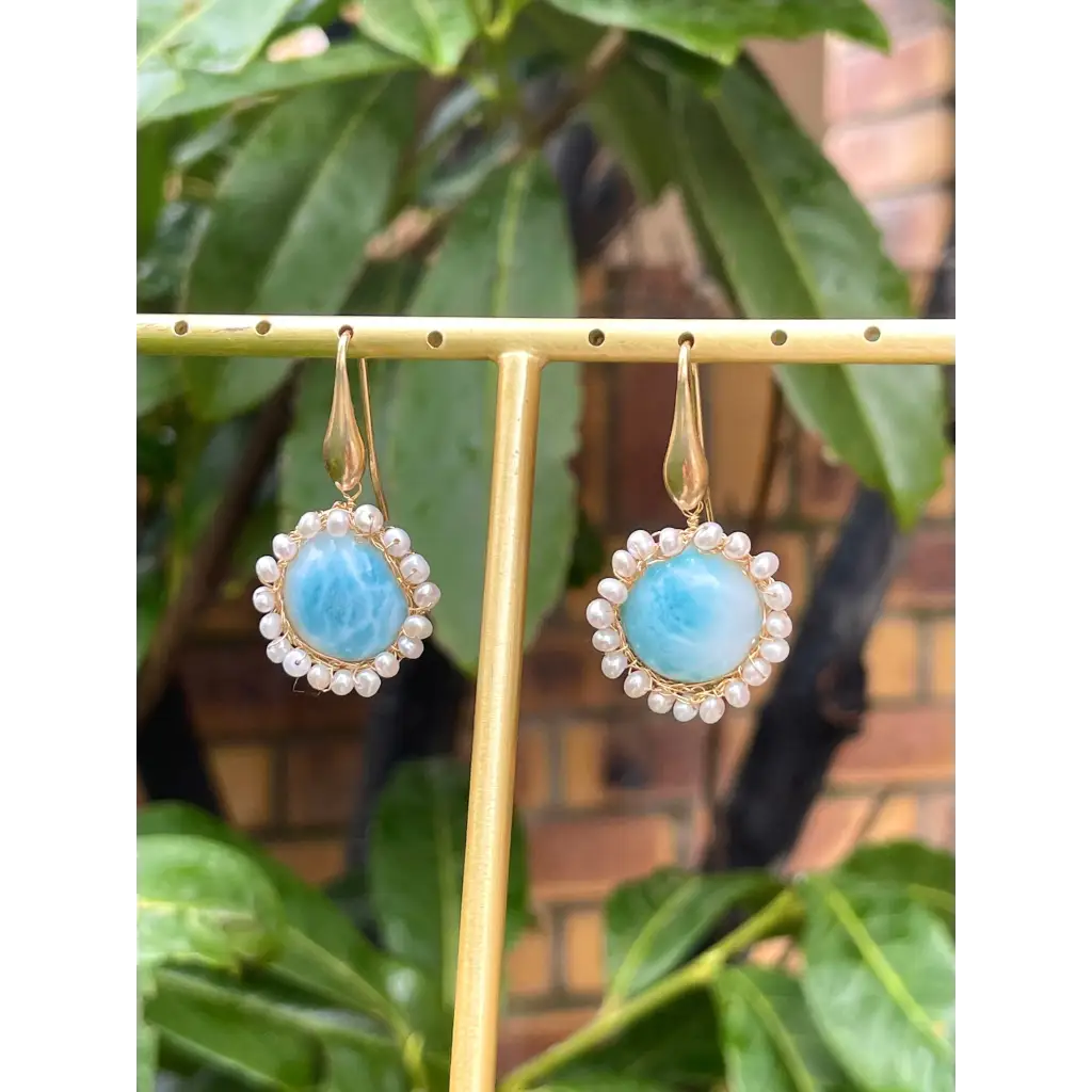 Larimar dangle earrings wire crochet gold filled earrings