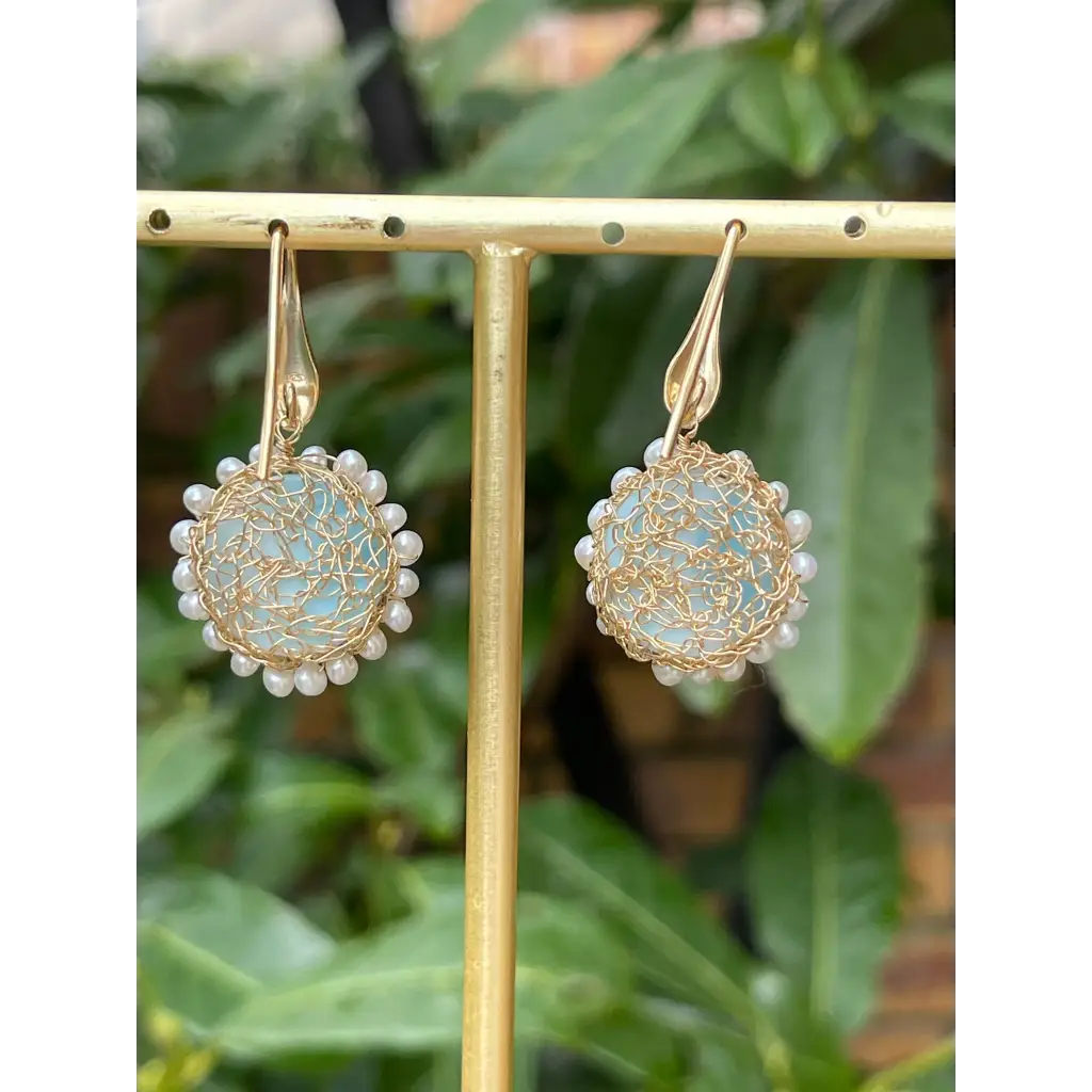 Larimar dangle earrings wire crochet gold filled earrings