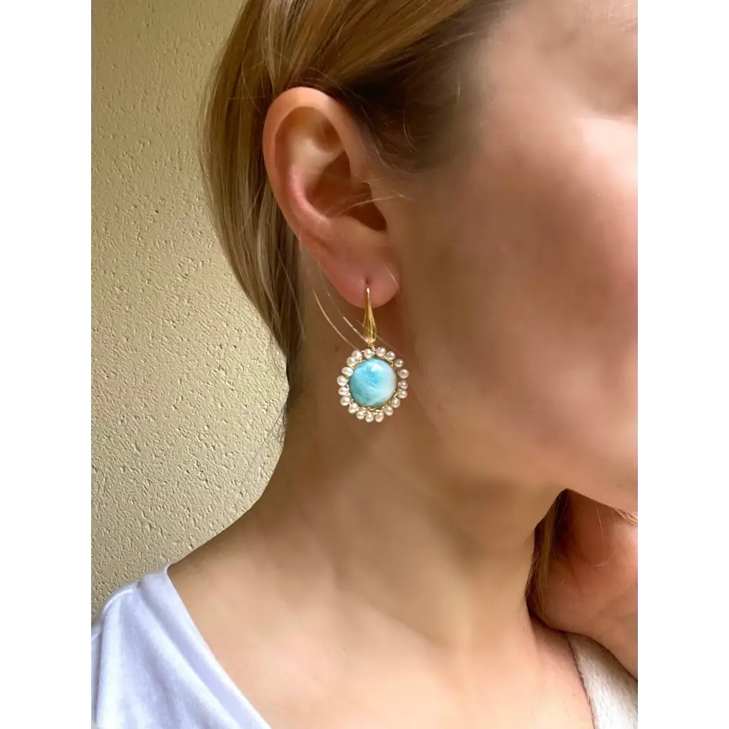 Larimar dangle earrings wire crochet gold filled earrings