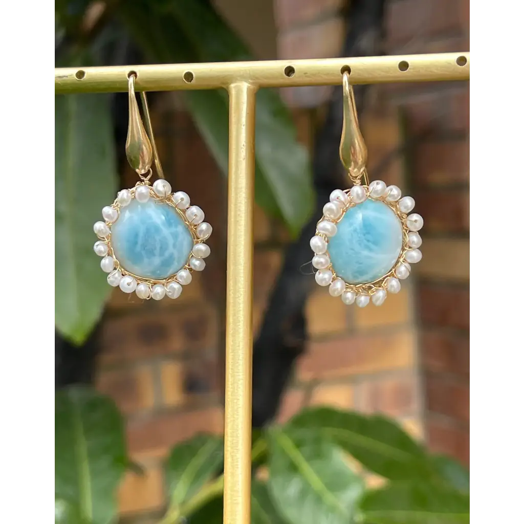 Larimar dangle earrings wire crochet gold filled earrings