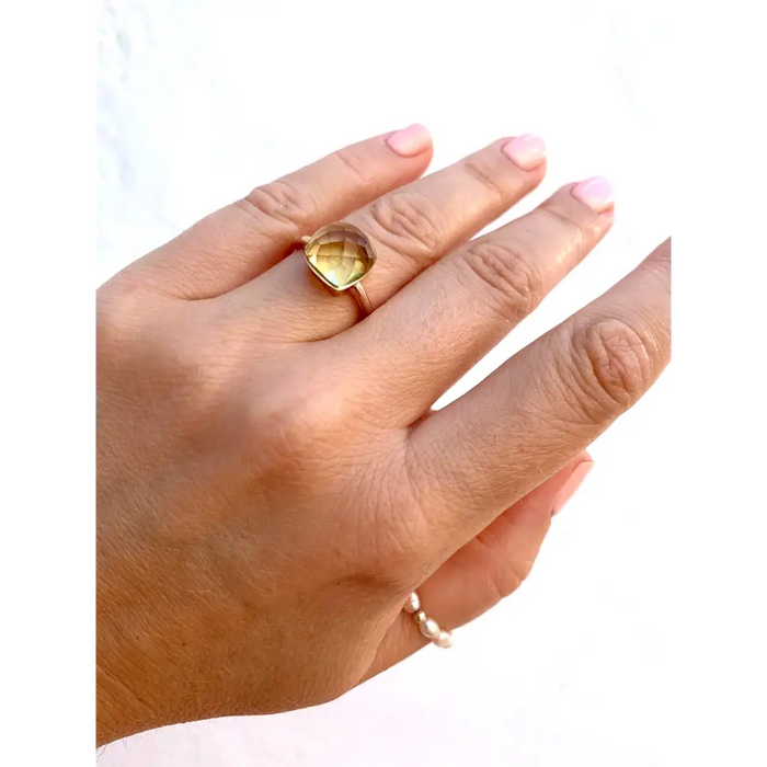 Lemon quartz statement ring gemstone cocktail ring in gold
