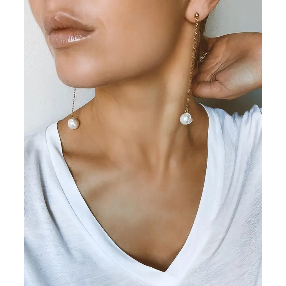 Long chain and white fresh water pearl stud earrings natural