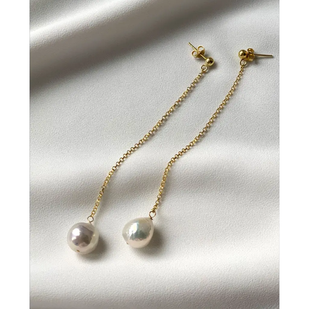 Long chain and white fresh water pearl stud earrings natural