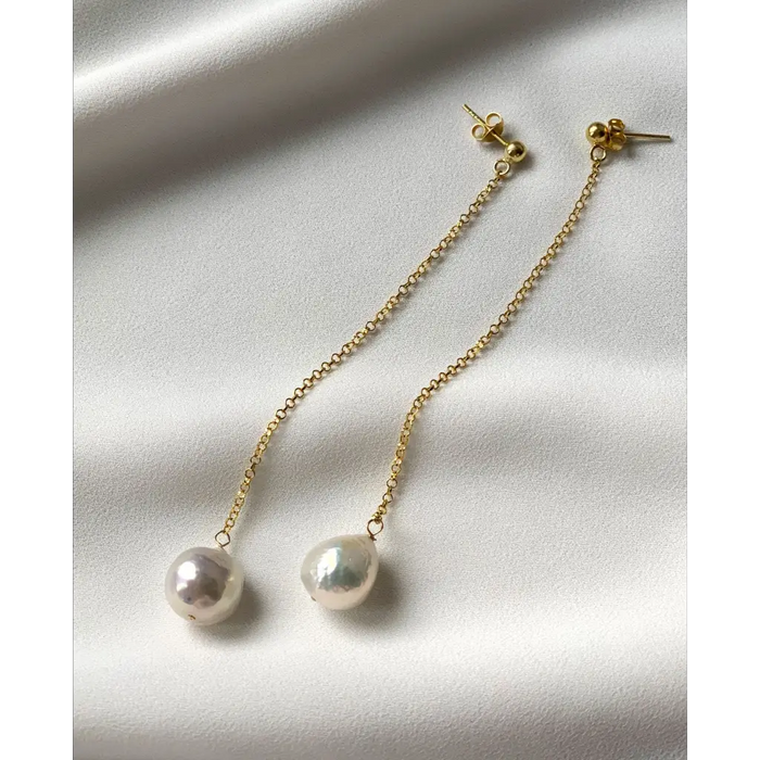 Long chain and white fresh water pearl stud earrings natural