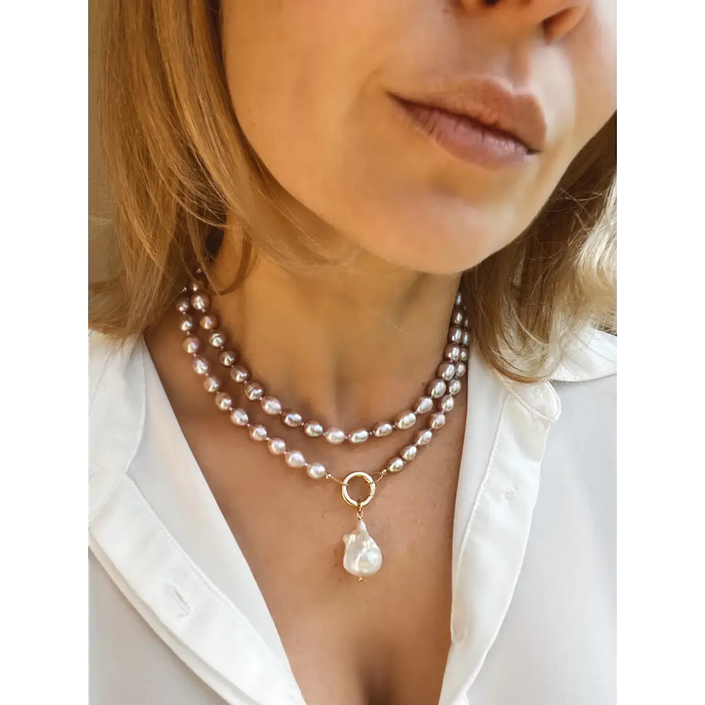 Long layered pearl necklace with baroque pearl pendant