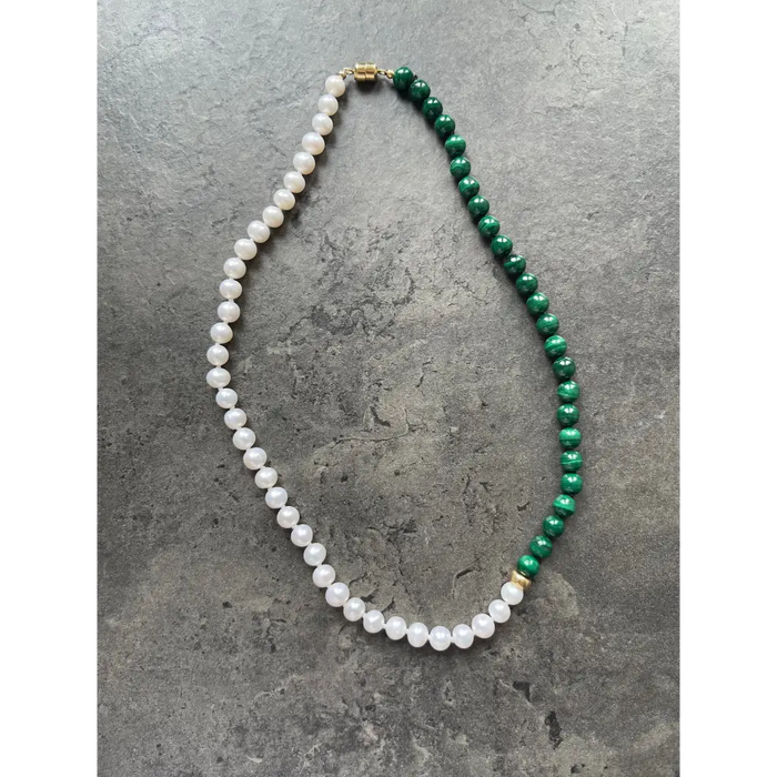 Malachite and pearl beaded necklace fashion asymmetric