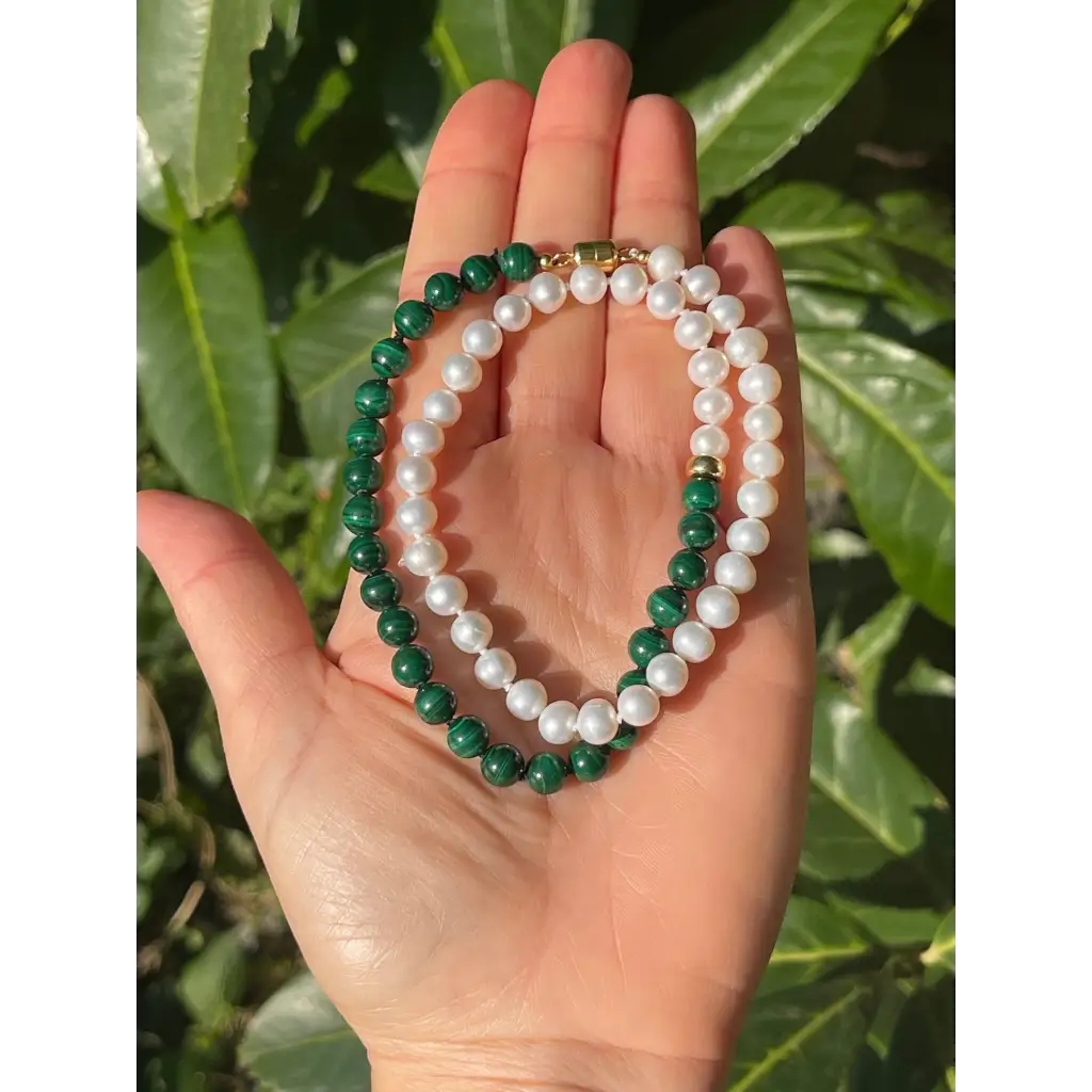 Malachite and pearl beaded necklace fashion asymmetric
