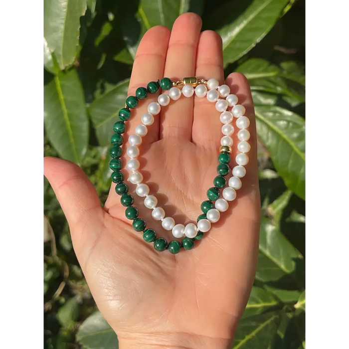 Malachite and pearl beaded necklace fashion asymmetric