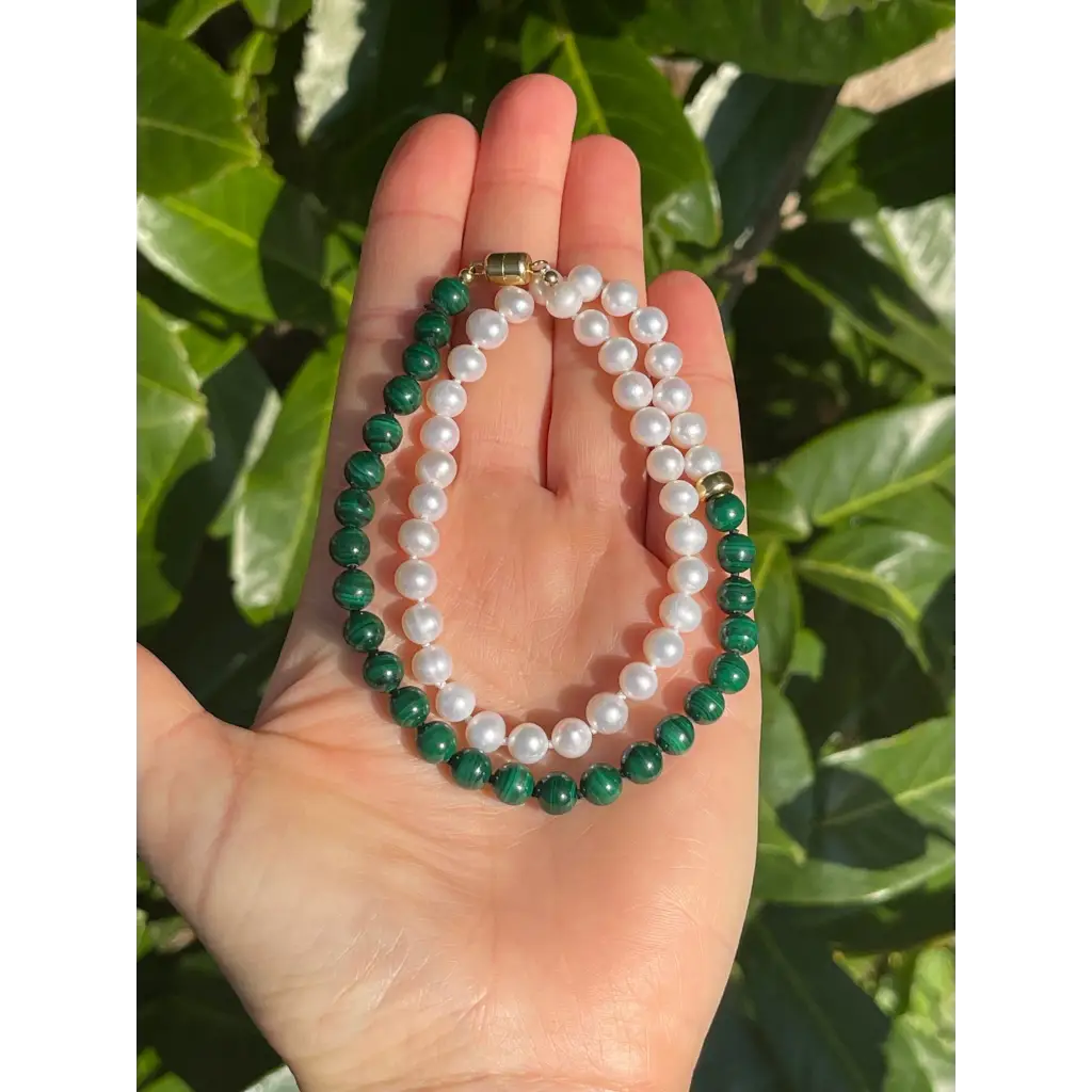 Malachite and pearl beaded necklace fashion asymmetric