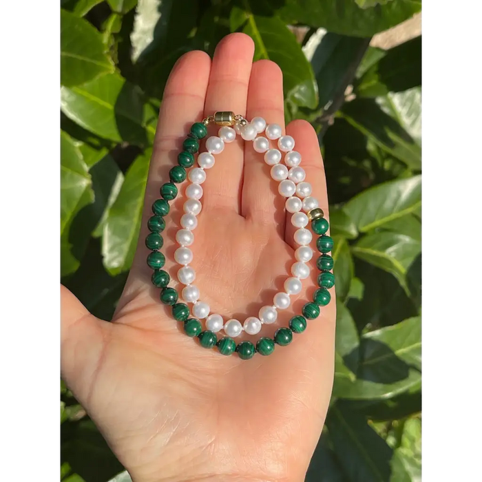 Malachite and pearl beaded necklace fashion asymmetric