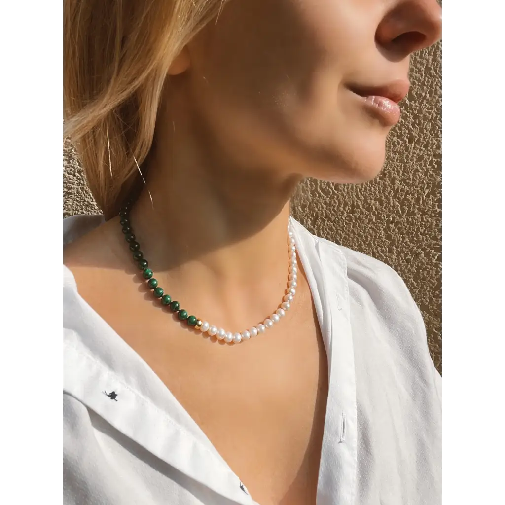 Malachite and pearl beaded necklace fashion asymmetric