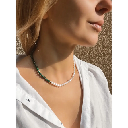 Malachite and pearl beaded necklace fashion asymmetric