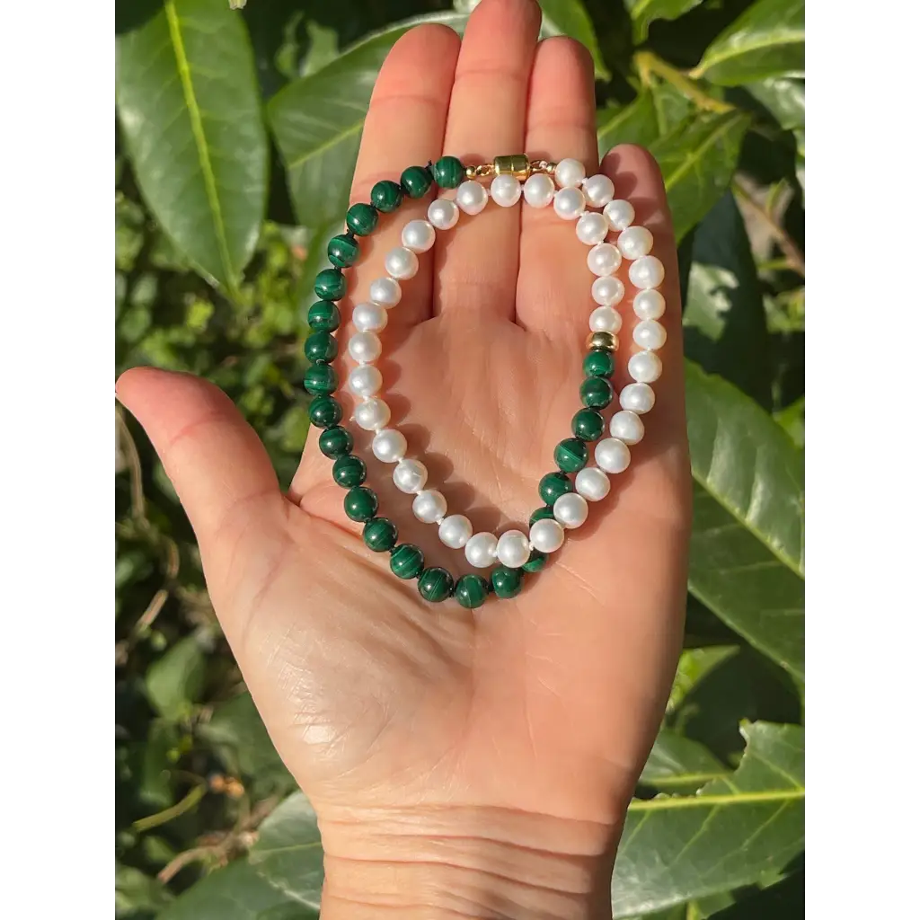Malachite and pearl beaded necklace fashion asymmetric