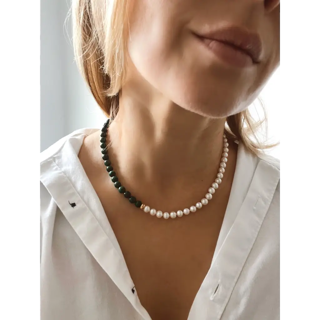 Malachite and pearl beaded necklace fashion asymmetric