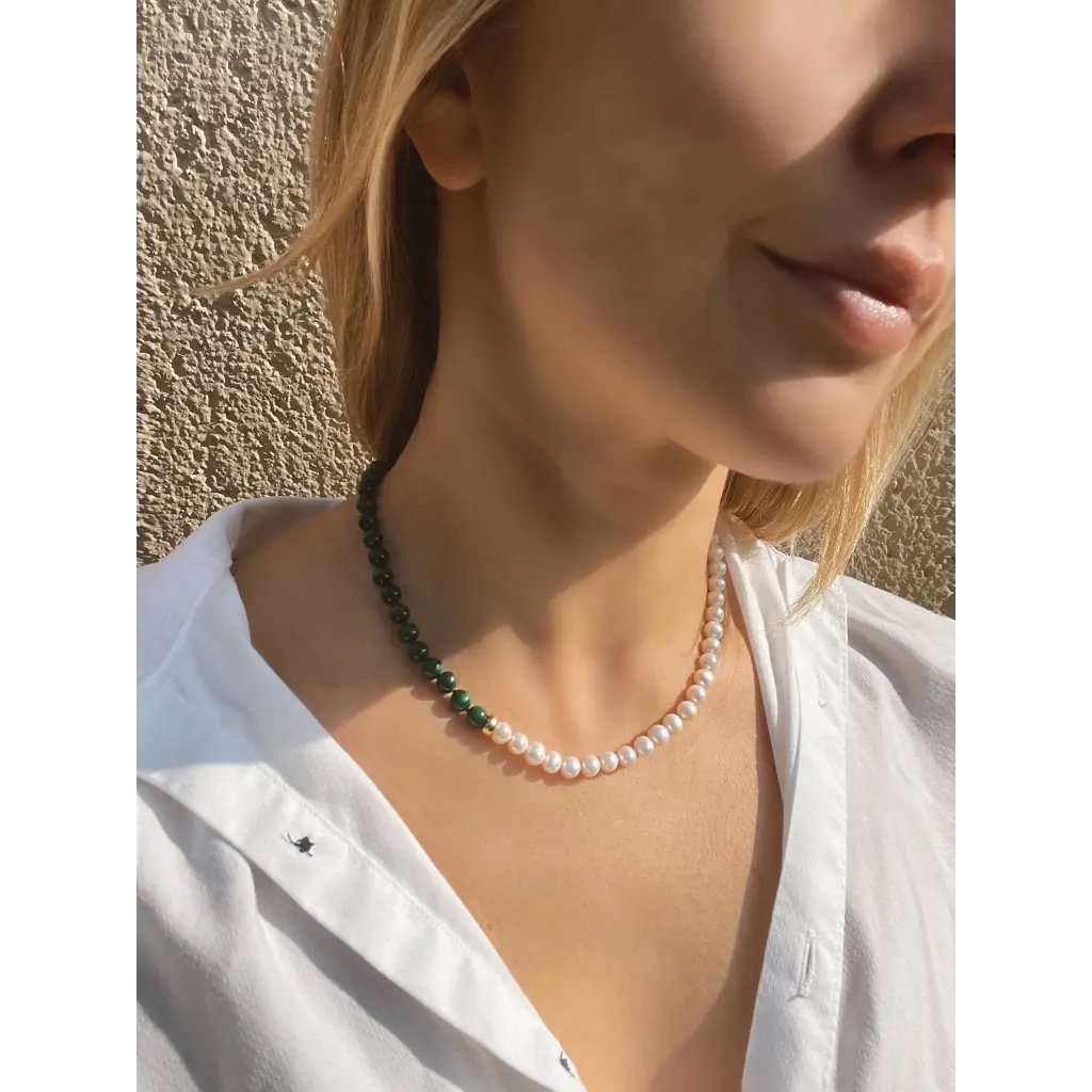 Malachite and pearl beaded necklace fashion asymmetric