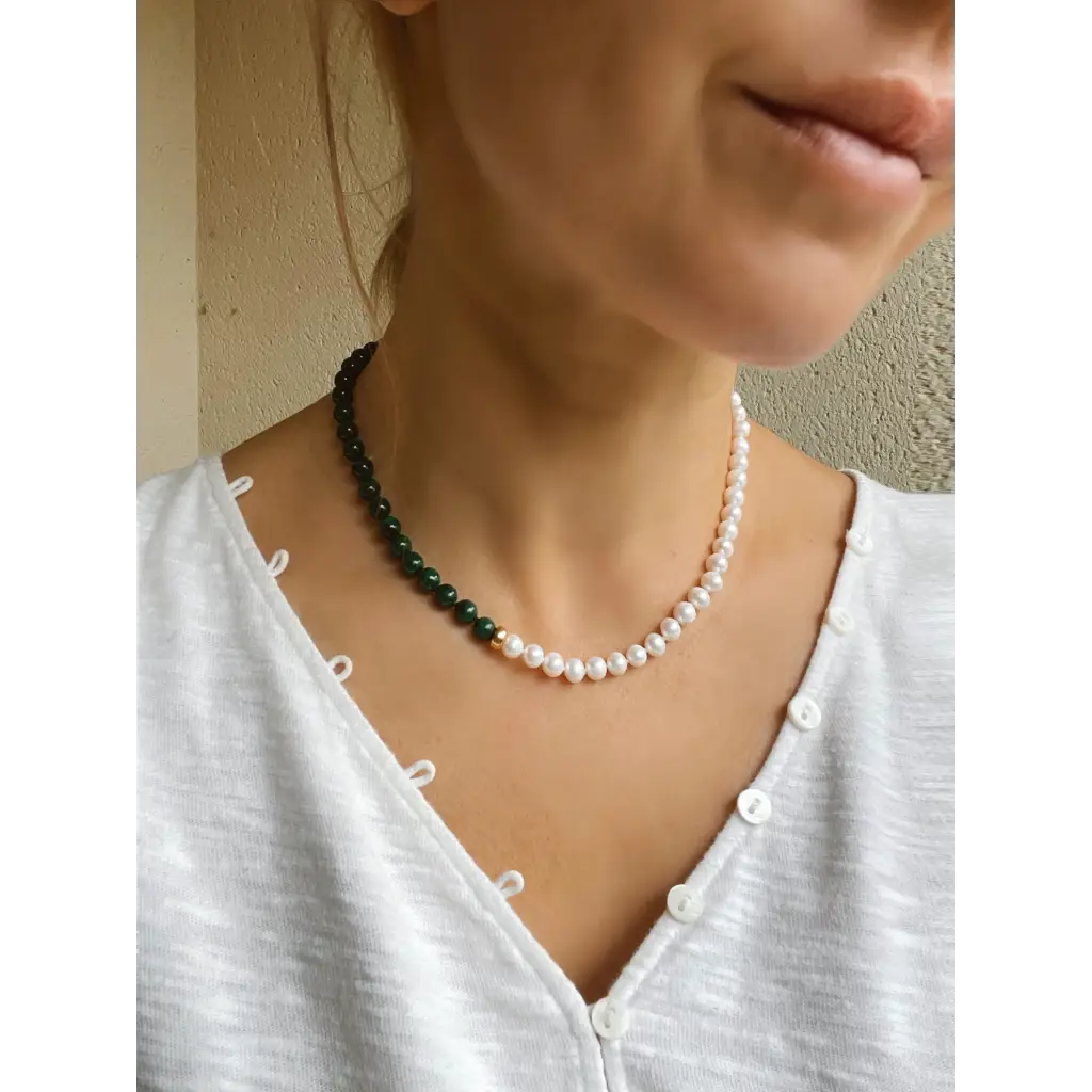 Malachite and pearl beaded necklace fashion asymmetric