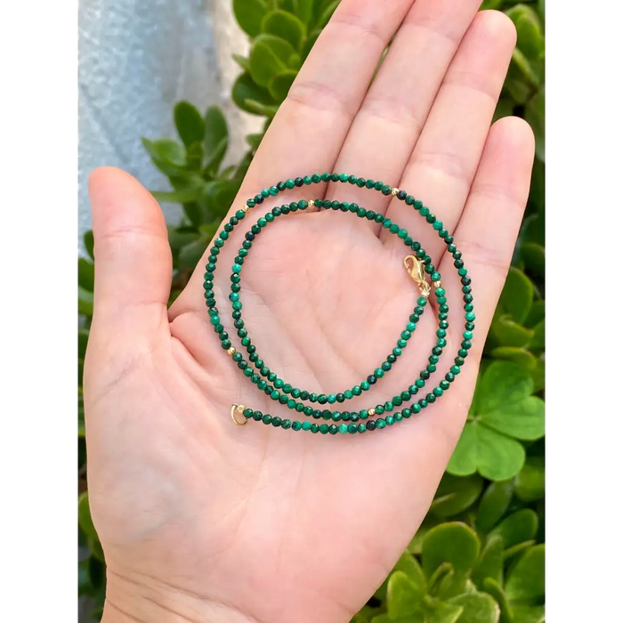 Malachite and solid 18k gold beaded necklace minimalist