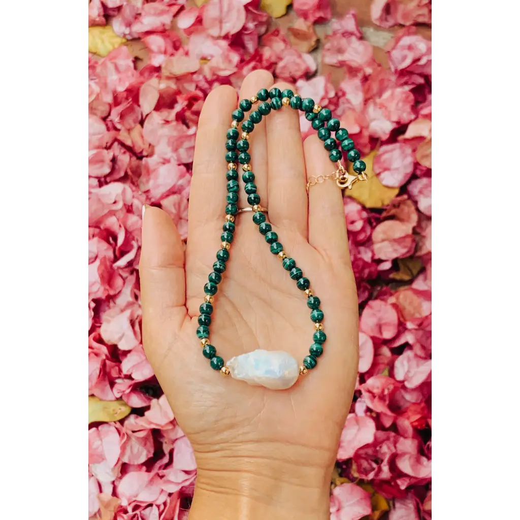 Malachite Baroque pearl and gold filled silver necklace