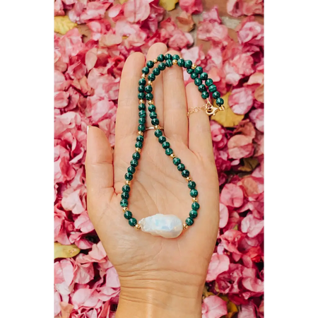 Malachite Baroque pearl and gold filled silver necklace