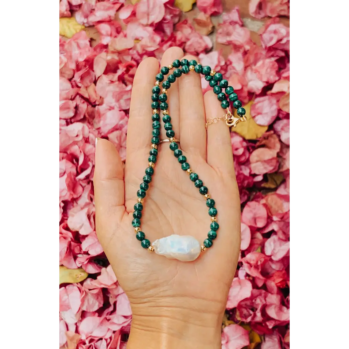 Malachite Baroque pearl and gold filled silver necklace