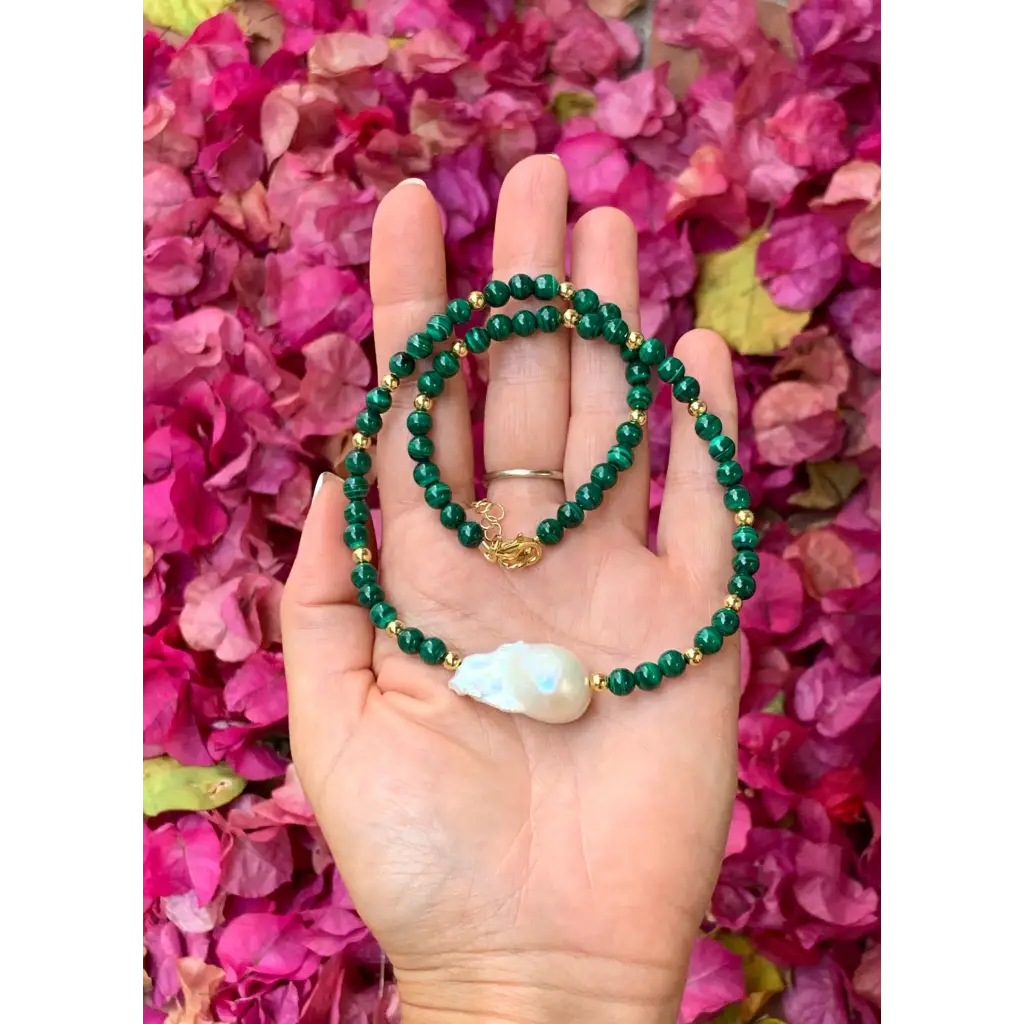 Malachite Baroque pearl and gold filled silver necklace