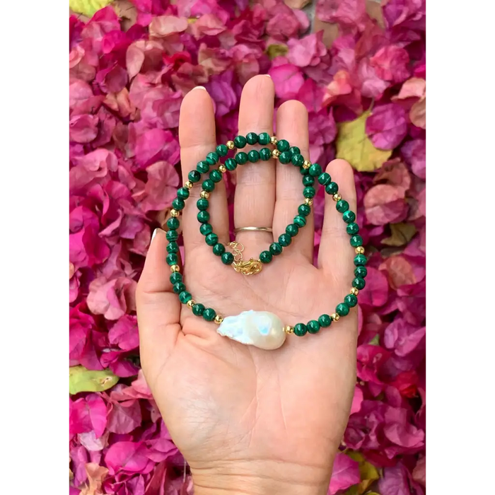 Malachite Baroque pearl and gold filled silver necklace