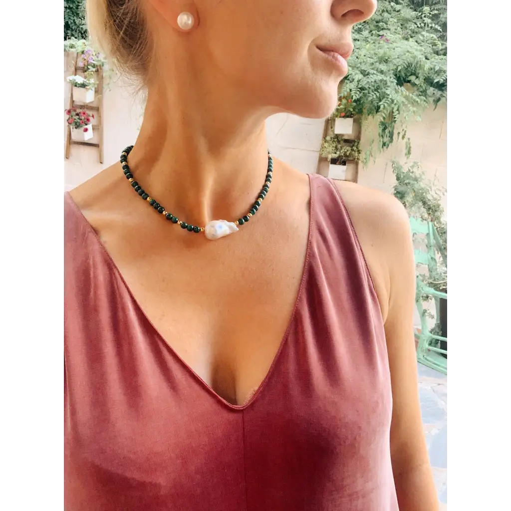 Malachite Baroque pearl and gold filled silver necklace
