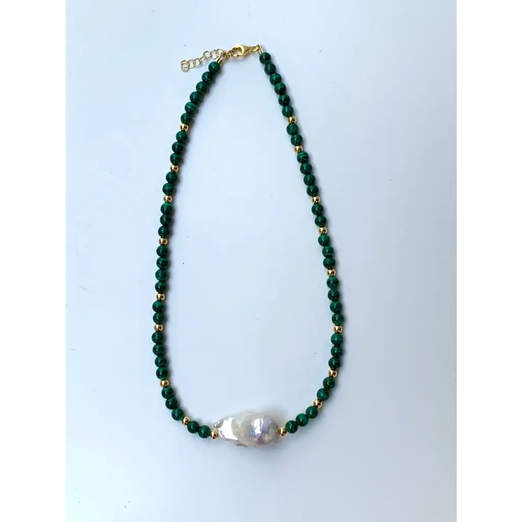 Malachite Baroque pearl and gold filled silver necklace
