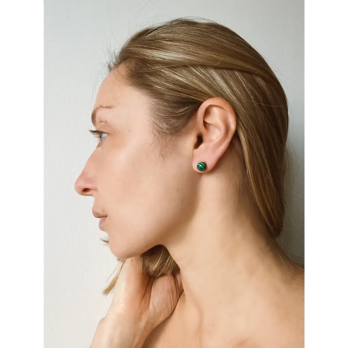 Malachite stud earrings gold vermeil 8mm beads