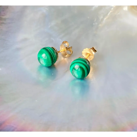 Malachite stud earrings gold vermeil 8mm beads